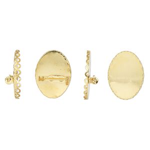 Pin back 1pkg4 gold-finished, 31x23mm scalloped oval / 30x20mm oval setting, steel