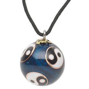 Necklace, cloisonn&eacute;, nylon / enamel / gold-finished steel / silver- / copper-plated steel, blue / black / white, 22mm round with yin-yang design and chime, 26-inch continuous loop. Sold individually.