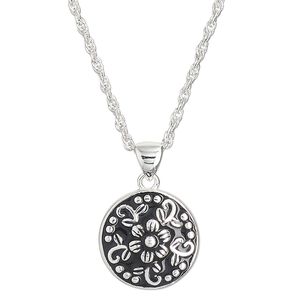 Necklace, Create Compliments&reg;, sterling silver and enamel, black, 15mm round with flower and dots design, adjustable at 16 and 18 inches with springring clasp. Sold individually.