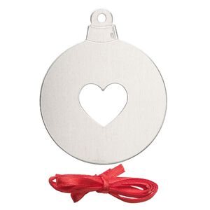 Ornament, ImpressArt&reg;, aluminum and polyester, 2-1/4 x2 inch ball with cutout heart with ribbon. Sold per pkg of 3.