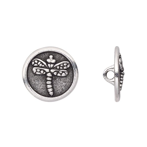 Button, TierraCast&reg;, antique silver-plated pewter (tin-based alloy), 17mm flat round with dragonfly and loop. Sold per pkg of 20. image number 0