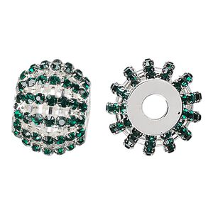 Bead 1pkg1 silver-finished, 25x20mm barrel / 3mm chatons, brass / emerald green rhinestone