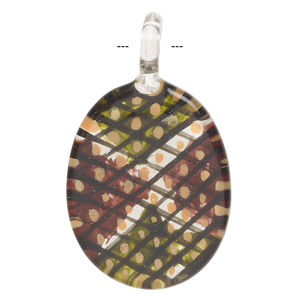 Focal, lampworked glass 1pkg1, opaque multicolored, 33x22mm-35x28mm single-sided oval with checkerboard pattern. image number 1