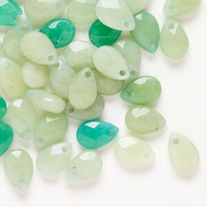 Drop 1pkg1oz, glass, green / light green / dark green, 12x8mm top-drilled faceted puffed teardrop.