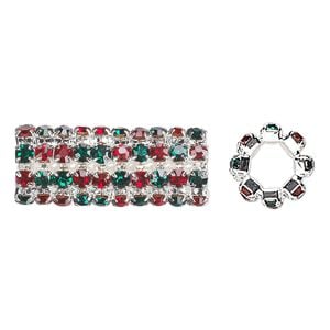 Bead 1pkg1 silver-finished, 32x13mm cylinder / 3mm chatons, brass / red & green rhinestone