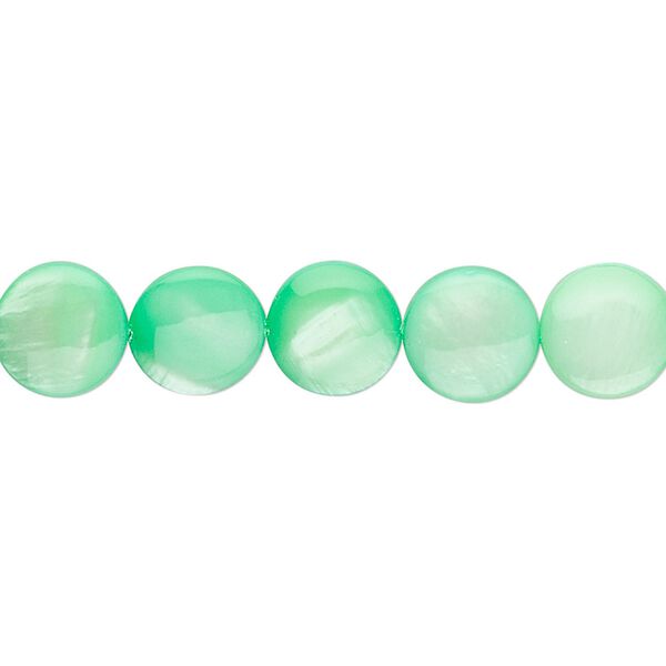 Mother-of-pearl shell 1pkg1, flat round bead 15.5 to 16 inch mint green 9mm image number 0