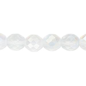 Bead, Czech fire-polished glass, matte opal AB, 10mm faceted round. Sold per pkg of 600 (1/2 mass).