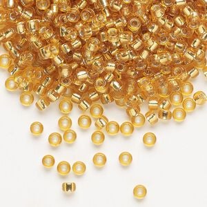 Seed bead, Miyuki, glass, pkg/250g, #8 rocaille, transparent silver-lined dark gold (RR-4).