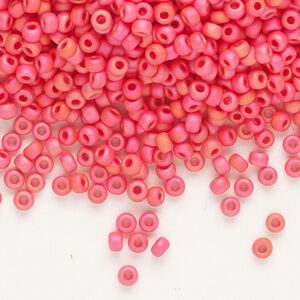 Seed bead, Miyuki, glass, pkg/250g, #8 rocaille, opaque matte rainbow coral, (RR-407FR).