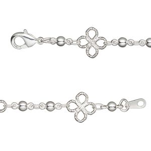 Chain 1pkg1 silver-plated beaded & clover, 3mm / 8mm filigree / lobster claw clasp, brass 24 inch