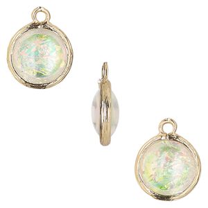 Drop, Opalized Ice&trade;, "opal" (resin) and gold-finished brass, white, 14mm double-sided round. Sold per pkg of 4.