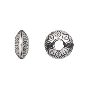 Bead, antiqued silver-finished copper-coated plastic, 14x7mm rondelle with leaf design. Sold per 50-gram pkg, approximately 65 beads.