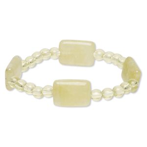 Bracelet, stretch, quartz (dyed) and acrylic, yellow-green, 5-6mm round and 18x13mm puffed rectangle, 6-1/2 inches. Sold individually.