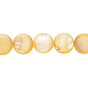 Mother-of-pearl shell 1pkg1, puffed flat round bead 15 inch light orange 9-11mm