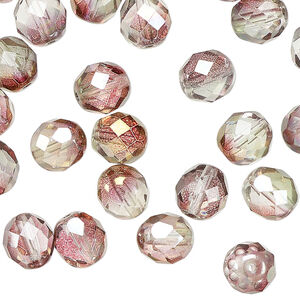 Bead 1pkg600, Czech fire-polished glass, pink and green luster, 8mm faceted round. 1/2 mass.