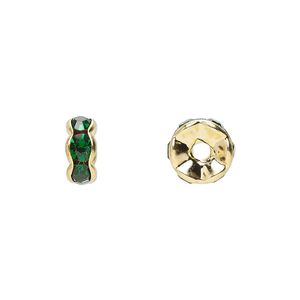 Bead 1pkg10 gold-finished, 8x4mm rondelle, brass / emerald green rhinestone