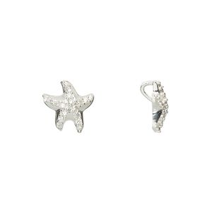 Pendant, cubic zirconia and sterling silver, clear, 11mm single-sided starfish. Sold individually.