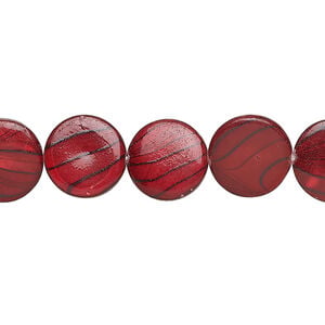 Mother-of-pearl shell 1pkg1, puffed flat round bead 15 inch dark red and black 11-12mm