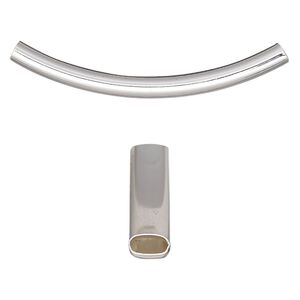 Bead 1pkg6 silver-finished, 42x6mm curved oval tube, brass