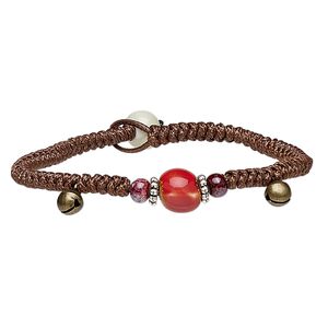 Bracelet, porcelain / waxed cotton cord / antique brass- / silver-plated steel, multicolored, 10mm wide with macram&eacute; design, 7 inches with button clasp. Sold individually.