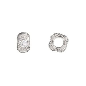 Bead 1pkg1 rhodium-plated sterling silver, 10.5x6.5mm rondelle / rope, clear cubic zirconia