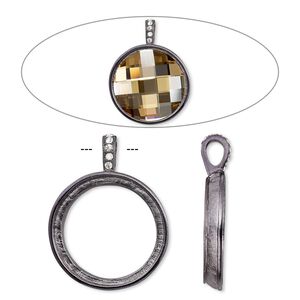 Pendant, Almost Instant Jewelry&reg;, crystals and gunmetal-finished "pewter" (zinc-based alloy), crystal clear, 44x34mm single-sided smooth round with 30mm round setting. Sold individually.