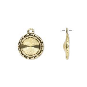 Drop, Almost Instant Jewelry&reg;, antique gold-finished "pewter" (zinc-based alloy), 17mm round with beaded design and 12mm rivoli setting. Sold per pkg of 6.