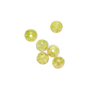 Bead, lampworked glass, clear / peridot green / glow-in-the-dark / gold, 6mm round. Sold per pkg of 6.