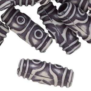 Bead, plastic, dark grey and cream, 28x5mm textured round tube. Sold per pkg of 100.