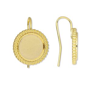Ear wire fishhook 1pkg10 Almost Instant Jewelry&reg;, 24mm / 12mm beaded flat back round glue-in setting, 18 gauge gold-finished brass 5 pair