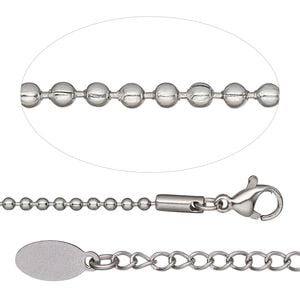 Chain 1pkg1 ball, 2mm / lobster claw clasp, stainless steel 18 inch