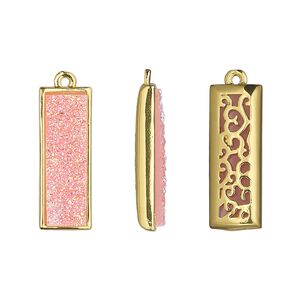 Drop, Druzylite&trade;, "druzy" (resin) and gold-finished brass, pink, 21x8mm two-sided rectangle with open filigree back. Sold per pkg of 4.