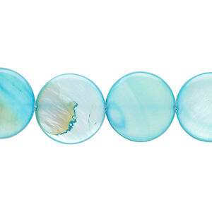 Mother-of-pearl shell 1pkg1, puffed flat round bead 15 inch blue 14-15mm