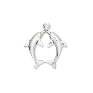 Charm, antiqued sterling silver 1pkg1, 20x18mm single-sided kissing dolphins.