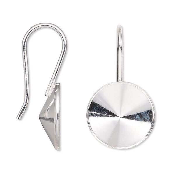 Ear wire Almost Instant Jewelry&reg; 1pkg2 sterling silver, 32mm / 16mm rivoli glue-in setting, 18 gauge 1 pair image number 0