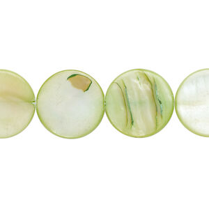 Mother-of-pearl shell 1pkg1, puffed flat round bead 15 inch spring green 14-15mm