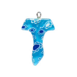 Drop, millefiori glass and silver-finished steel 1pkg1, translucent aqua blue / cobalt blue / white, 26x19mm-28x20mm "T" shape