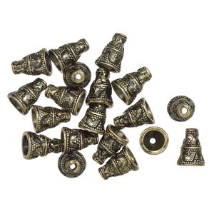 Cone, antique gold-finished "pewter" (zinc-based alloy), 12x9mm beaded, 6mm inside diameter. Sold per pkg of 20.