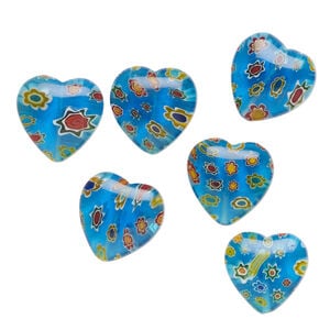 Bead, millefiori glass 1pkg6, translucent multicolored, 24-26mm 7x5mm puffed heart.