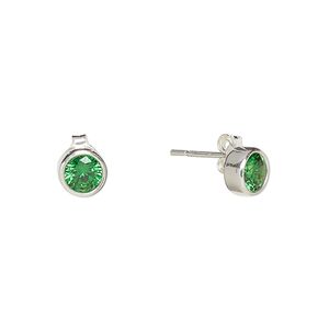 Earstud, Create Compliments&reg;, cubic zirconia and sterling silver, emerald green, 6.5mm round. Sold per pair.