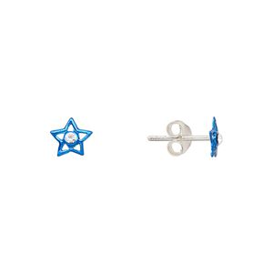 Earstud, Create Compliments&reg;, enamel and sterling silver, blue, 6mm star. Sold per pair.
