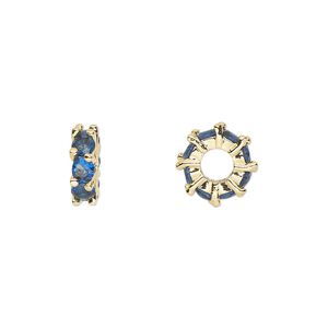 Bead 1pkg2 gold-plated, 10.5x3.5mm rondelle, brass / sapphire cubic zirconia