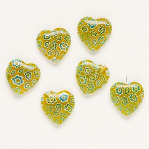 Bead, millefiori glass, translucent yellow / blue / white, 16-18mm half-drilled puffed heart. Sold per pkg of 6.