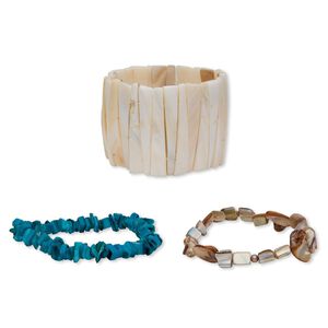 Bracelet mix, stretch, mother-of-pearl shell (natural / bleached / dyed / assembled) and resin 1pkg5, multicolored, 6x3mm-70x26mm mixed shape, 6-1/2 to 7-1/2 inch long.
