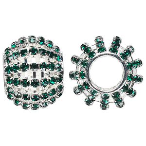 Bead 1pkg1 silver-finished, 25x20mm barrel / 3mm chatons, brass / emerald green rhinestone