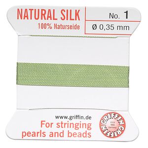 Thread, Griffin, silk, jade green, size #1. Sold per 2-meter card (approximately 78 inches).