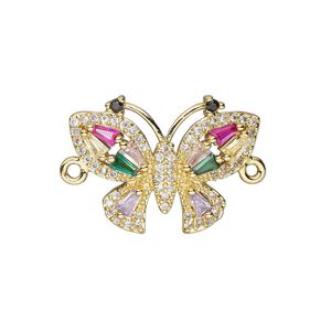 Link, cubic zirconia and gold-finished brass, multicolored, 21.5x16mm single-sided butterfly. Sold individually.