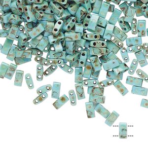 Seed bead, TILA&reg;, glass, pkg/40g, 5x2.3mm half tila rectangle, opaque Picasso antique turquoise blue, (HTL-4514).