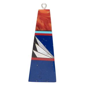 Focal, mother-of-pearl shell / resin / silver-finished "pewter" (zinc-based alloy) (assembled) 1pkg1, multicolored, 40x14mm single-sided flat trapezoid.