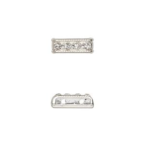 Spacer bar, silver-finished "pewter" (zinc-based alloy) and glass, clear, 12.5x4.5mm rectangle, 2-strand with crystals on one side, fits up to 6mm beads. Sold per pkg of 6.